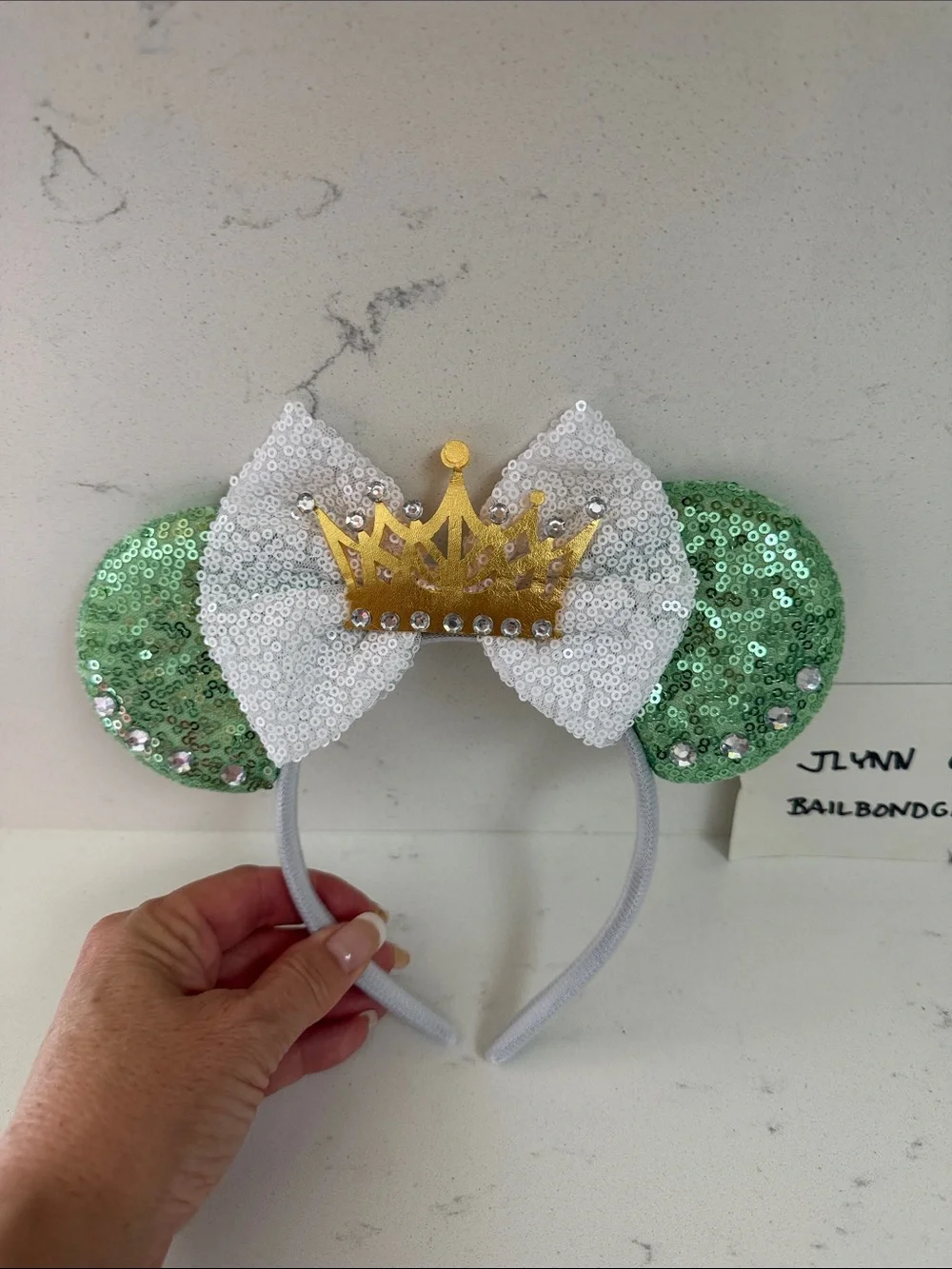 New mint green & white Sequin Ear Headband with Bow & Gold Crown Disney custom!